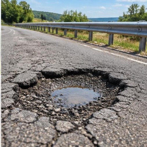 Pothole and broken asphalt beside a guardrail
