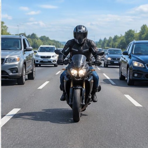 Helmeted motorcyclist riding among vehicles on a multilane road