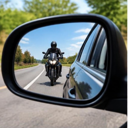 Motorcyclist visible in a car side mirror