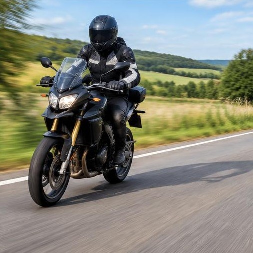 Motorcyclist riding on a country road