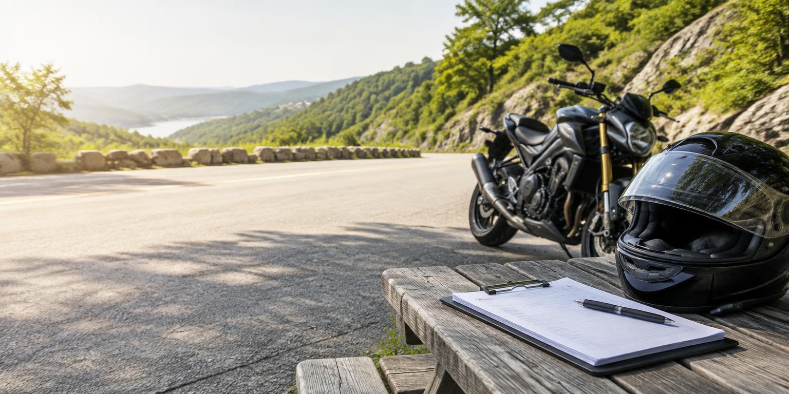 Motorcycle, helmet, and claim paperwork beside a hillside road
