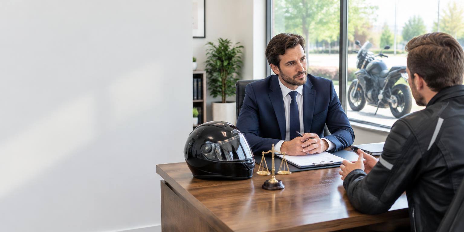 Illustrative lawyer consultation with a motorcycle rider