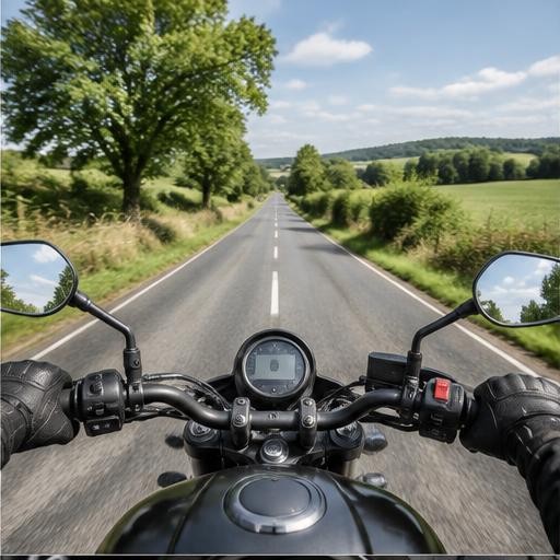 View of a country road from motorcycle handlebars