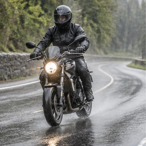Motorcyclist in protective gear on a wet road